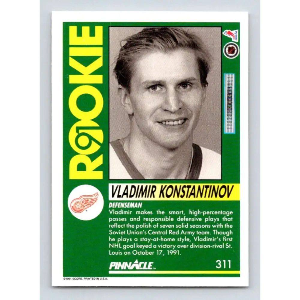 1991-92 Pinnacle #311 Vladimir Konstantinov NM-MT RC Rookie Detroit Red Wings Hockey Card Image 2