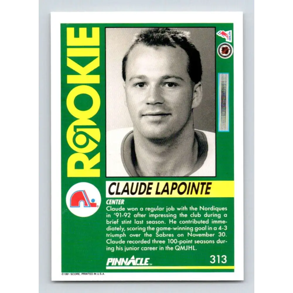 1991-92 Pinnacle #313 Claude Lapointe NM-MT RC Rookie Quebec Nordiques Hockey Card Image 2