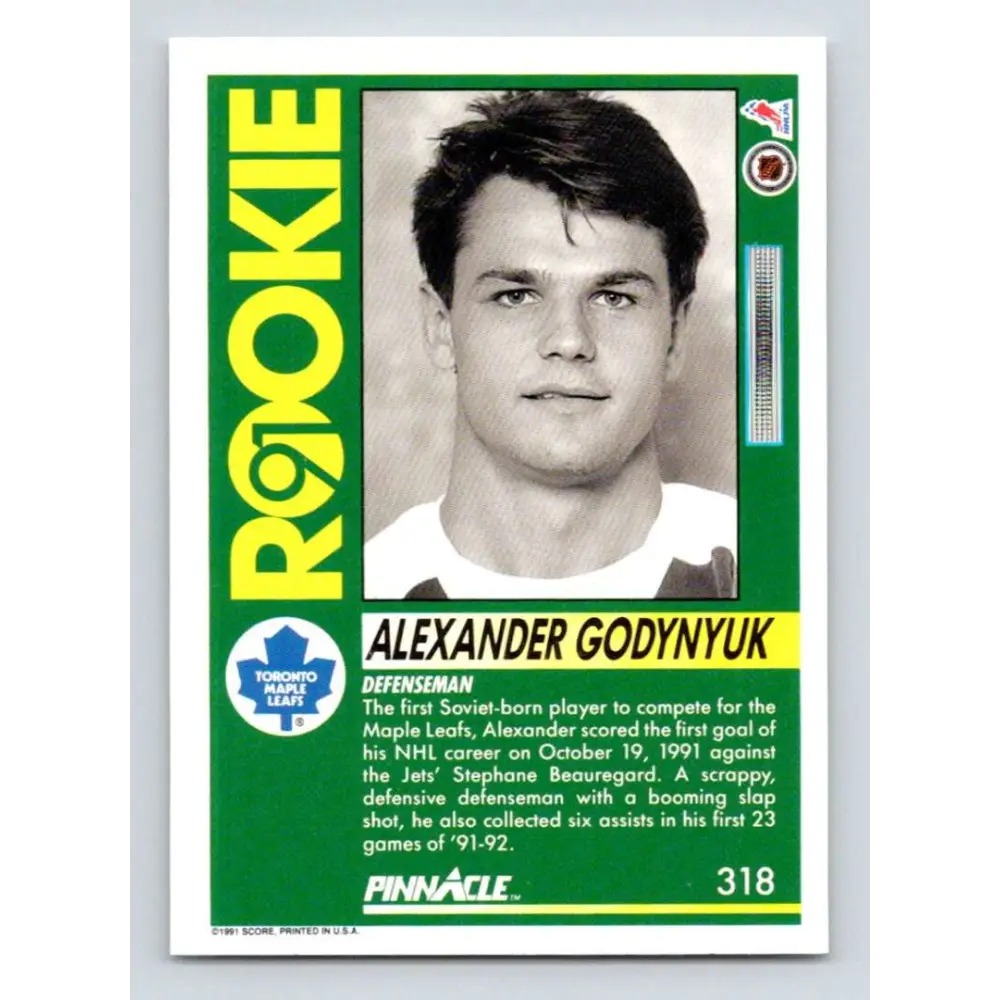 1991-92 Pinnacle #318 Alexander Godynyuk NM-MT Toronto Maple Leafs Hockey Card Image 2