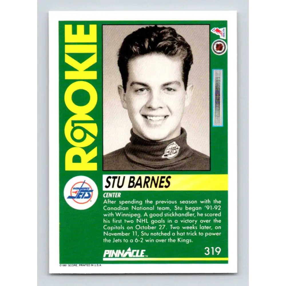 1991-92 Pinnacle #319 Stu Barnes NM-MT Winnipeg Jets Hockey Card Image 2