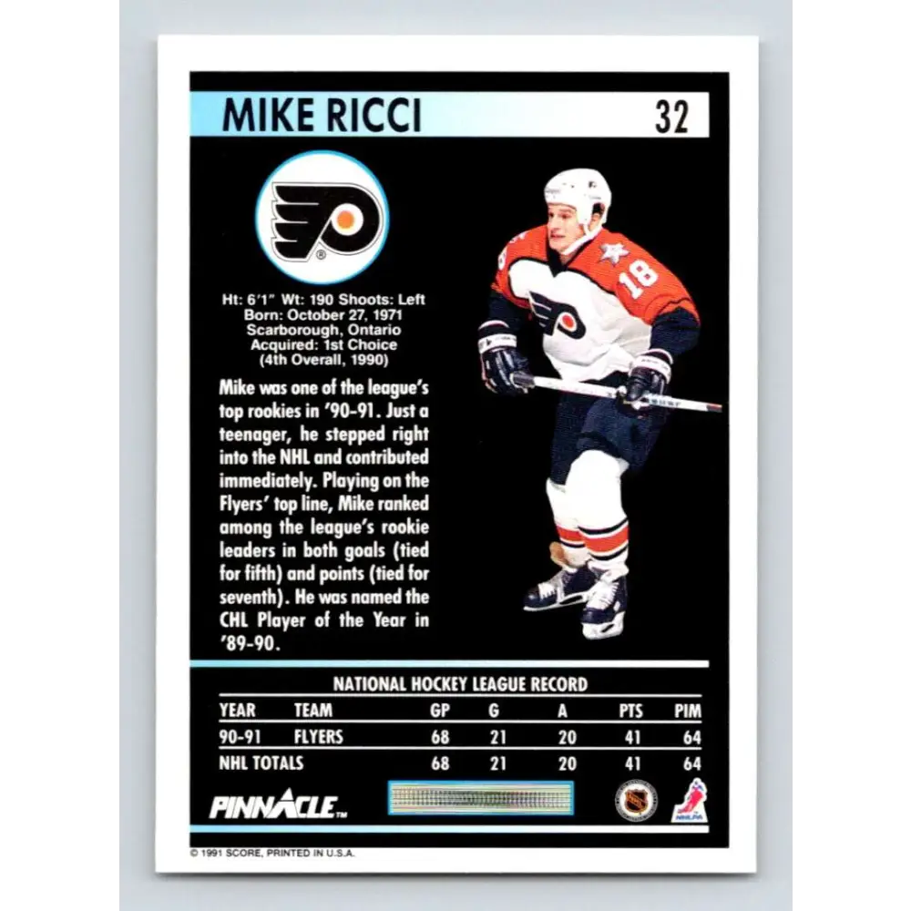1991-92 Pinnacle #32 Mike Ricci NM-MT Philadelphia Flyers Hockey Card Image 2