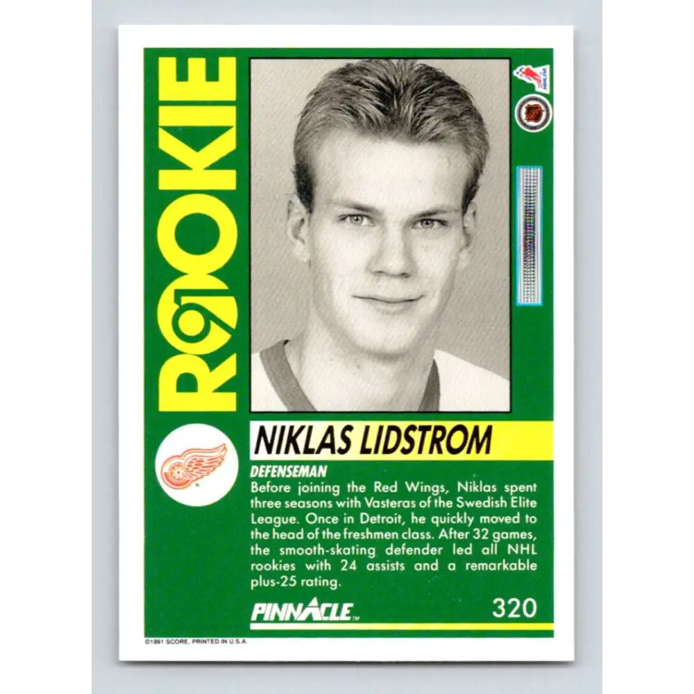 1991-92 Pinnacle #320 Nicklas Lidstrom NM-MT RC Rookie Detroit Red Wings Hockey Card Image 2