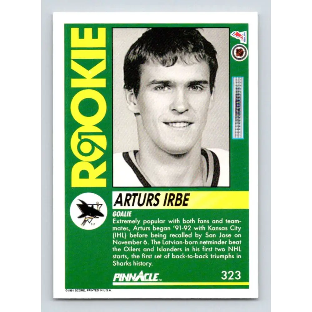 1991-92 Pinnacle #323 Arturs Irbe NM-MT San Jose Sharks Hockey Card Image 2