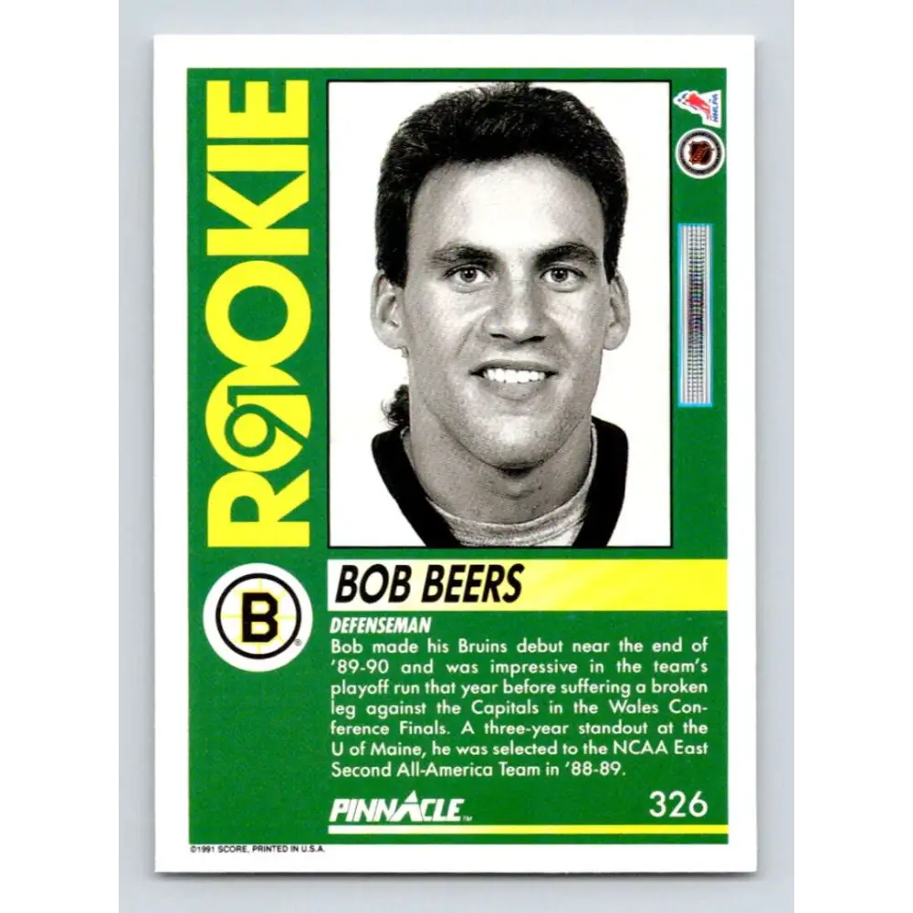 1991-92 Pinnacle #326 Bob Beers NM-MT Boston Bruins Hockey Card Image 2