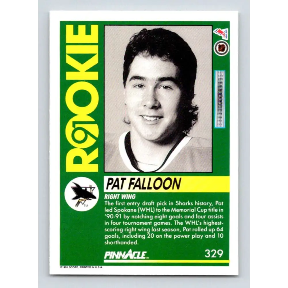 1991-92 Pinnacle #329 Pat Falloon NM-MT San Jose Sharks Hockey Card Image 2