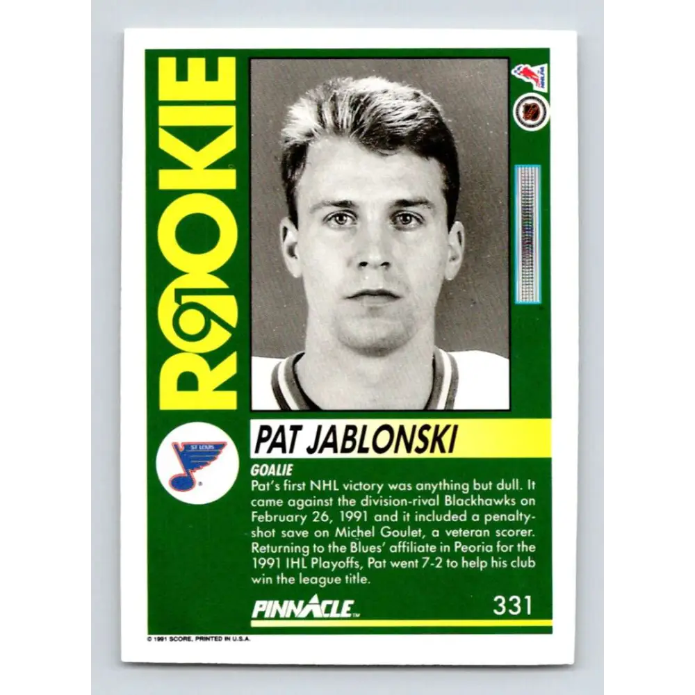 1991-92 Pinnacle #331 Pat Jablonski NM-MT RC Rookie St. Louis Blues Hockey Card Image 2