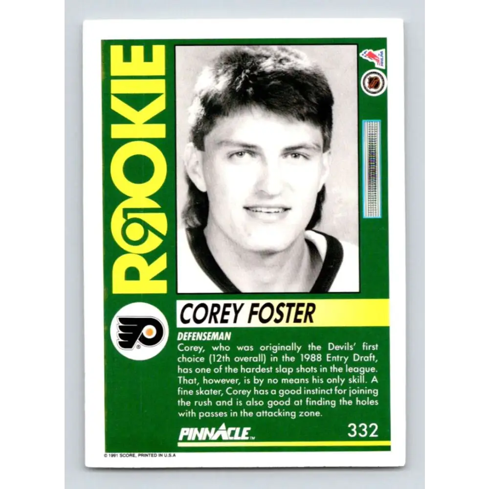 1991-92 Pinnacle #332 Corey Foster NM-MT RC Rookie Philadelphia Flyers Hockey Card Image 2
