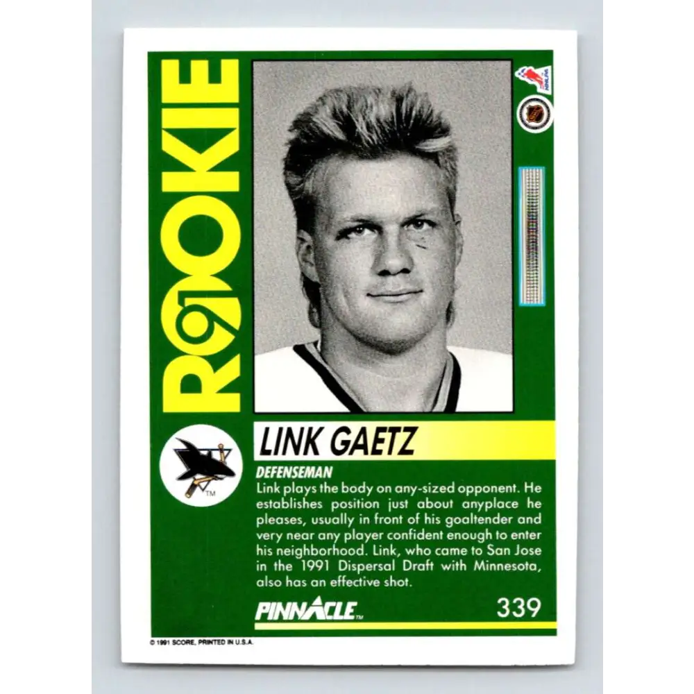 1991-92 Pinnacle #339 Link Gaetz NM-MT San Jose Sharks Hockey Card Image 2
