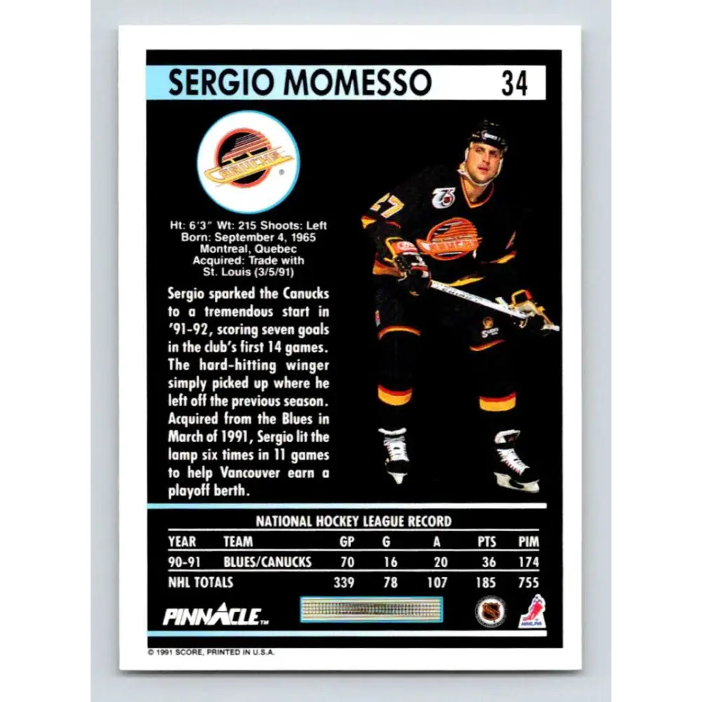 1991-92 Pinnacle #34 Sergio Momesso NM-MT Vancouver Canucks Hockey Card Image 2