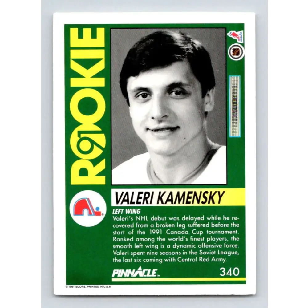 1991-92 Pinnacle #340 Valeri Kamensky NM-MT RC Rookie Quebec Nordiques Hockey Card Image 2
