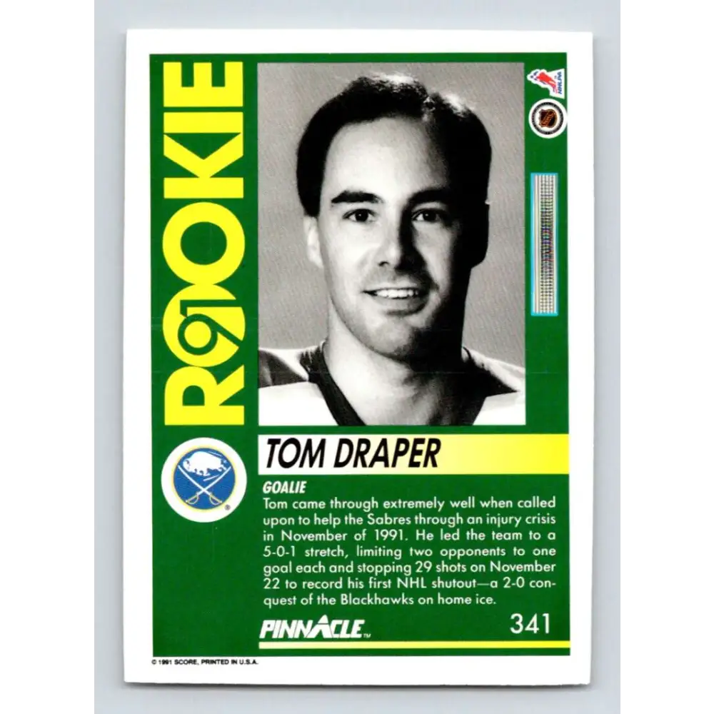 1991-92 Pinnacle #341 Tom Draper NM-MT RC Rookie Buffalo Sabres Hockey Card Image 2