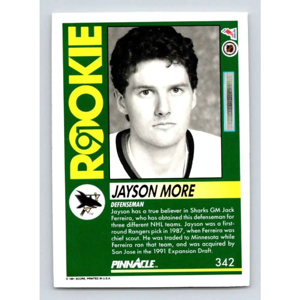1991-92 Pinnacle #342 Jayson More NM-MT RC Rookie San Jose Sharks Hockey Card Image 2