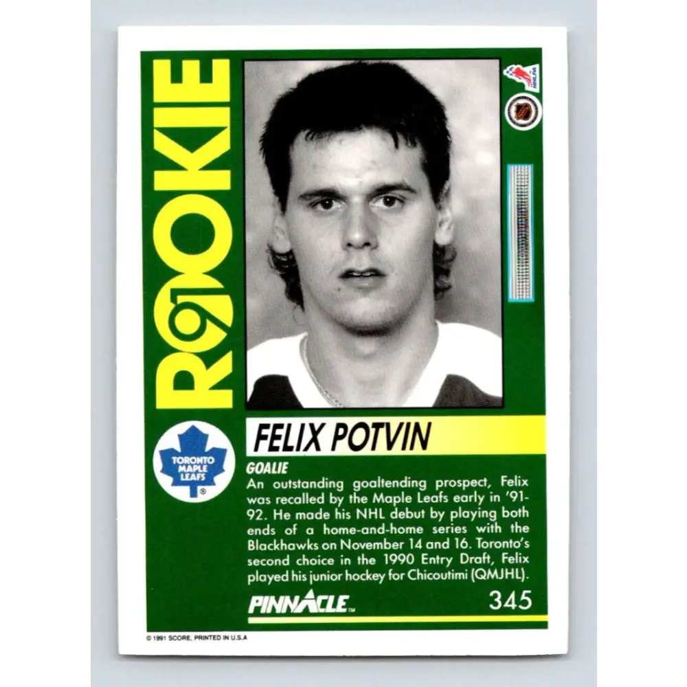 1991-92 Pinnacle #345 Felix Potvin NM-MT Toronto Maple Leafs Hockey Card Image 2