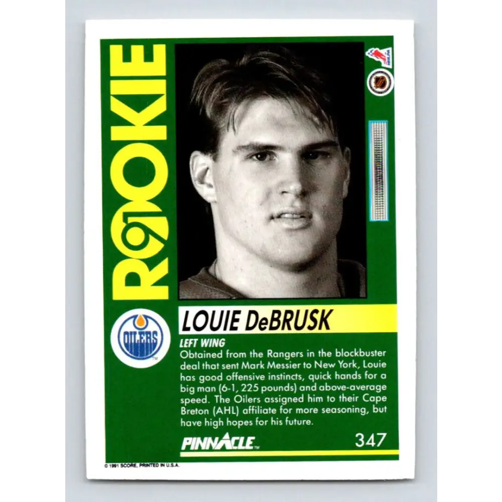 1991-92 Pinnacle #347 Louie DeBrusk NM-MT RC Rookie Edmonton Oilers Hockey Card Image 2