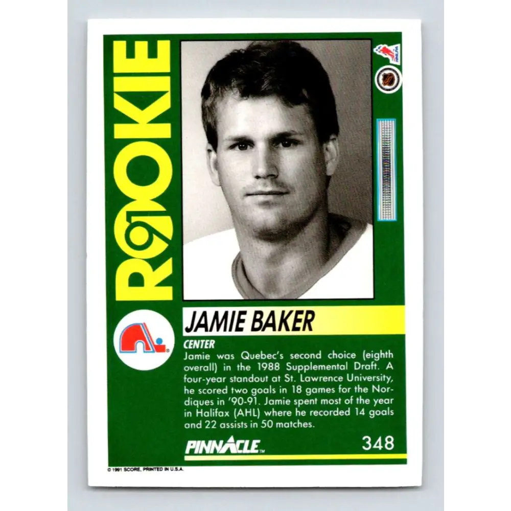 1991-92 Pinnacle #348 Jamie Baker NM-MT RC Rookie Quebec Nordiques Hockey Card Image 2