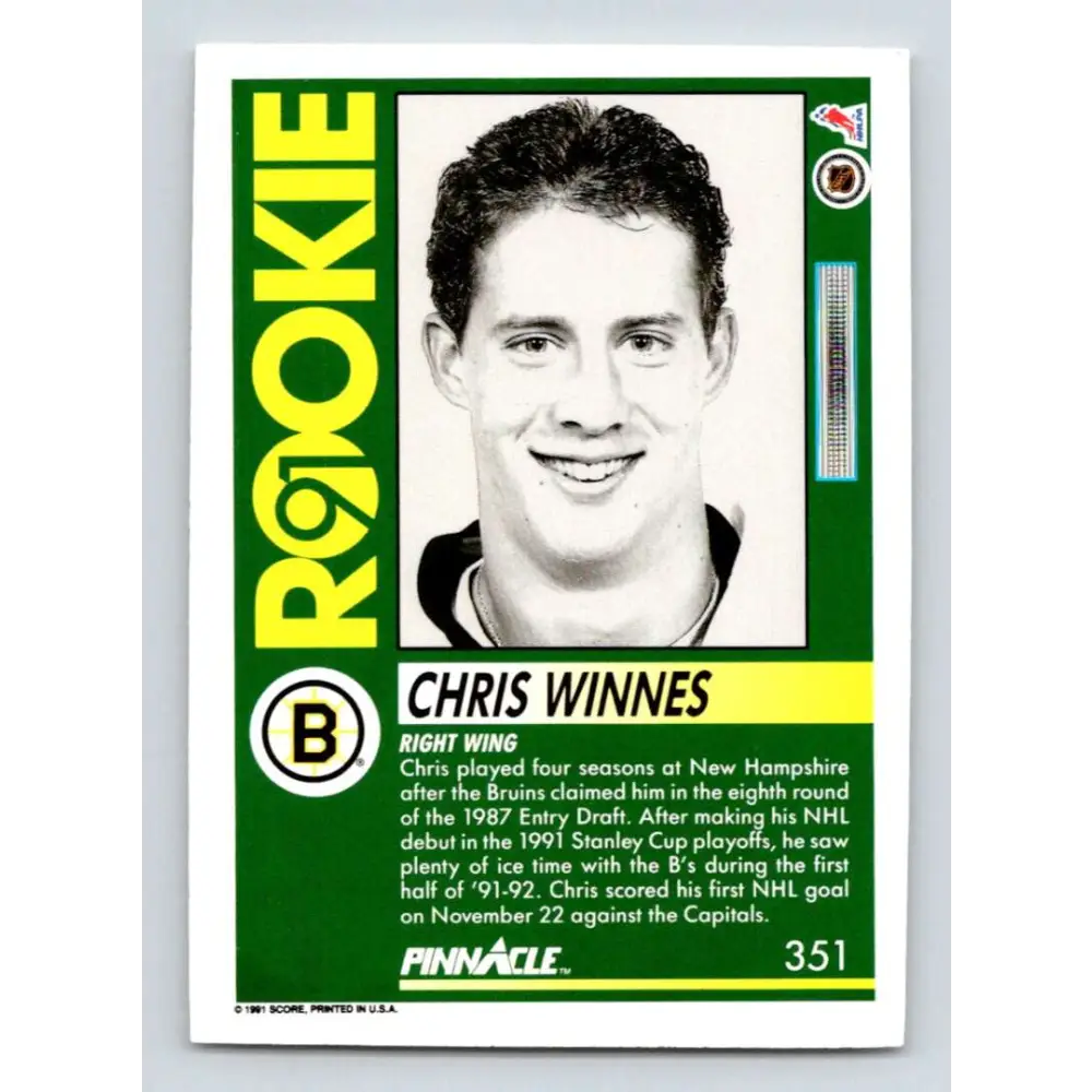 1991-92 Pinnacle #351 Chris Winnes NM-MT RC Rookie Boston Bruins Hockey Card Image 2