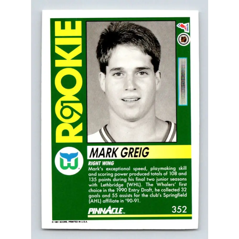 1991-92 Pinnacle #352 Mark Greig NM-MT Hartford Whalers Hockey Card Image 2