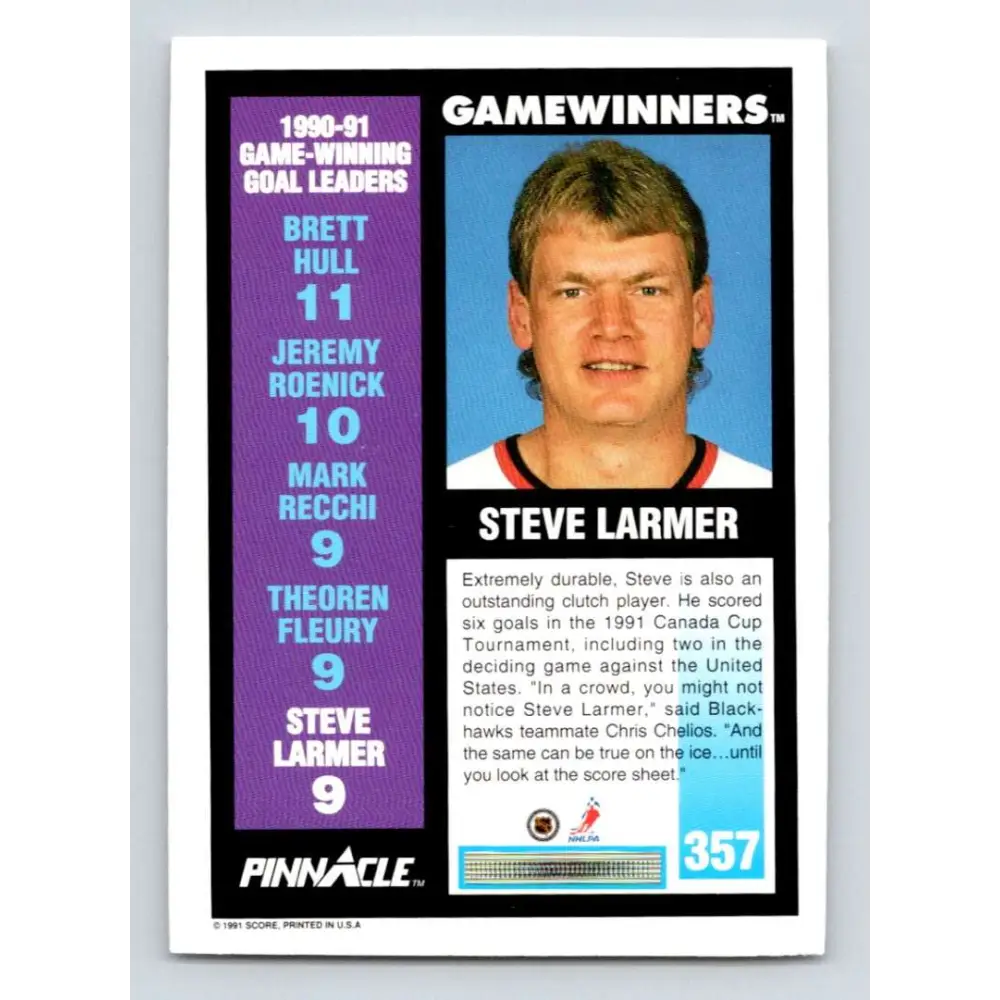 1991-92 Pinnacle #357 Steve Larmer NM-MT Chicago Blackhawks Hockey Card Image 2