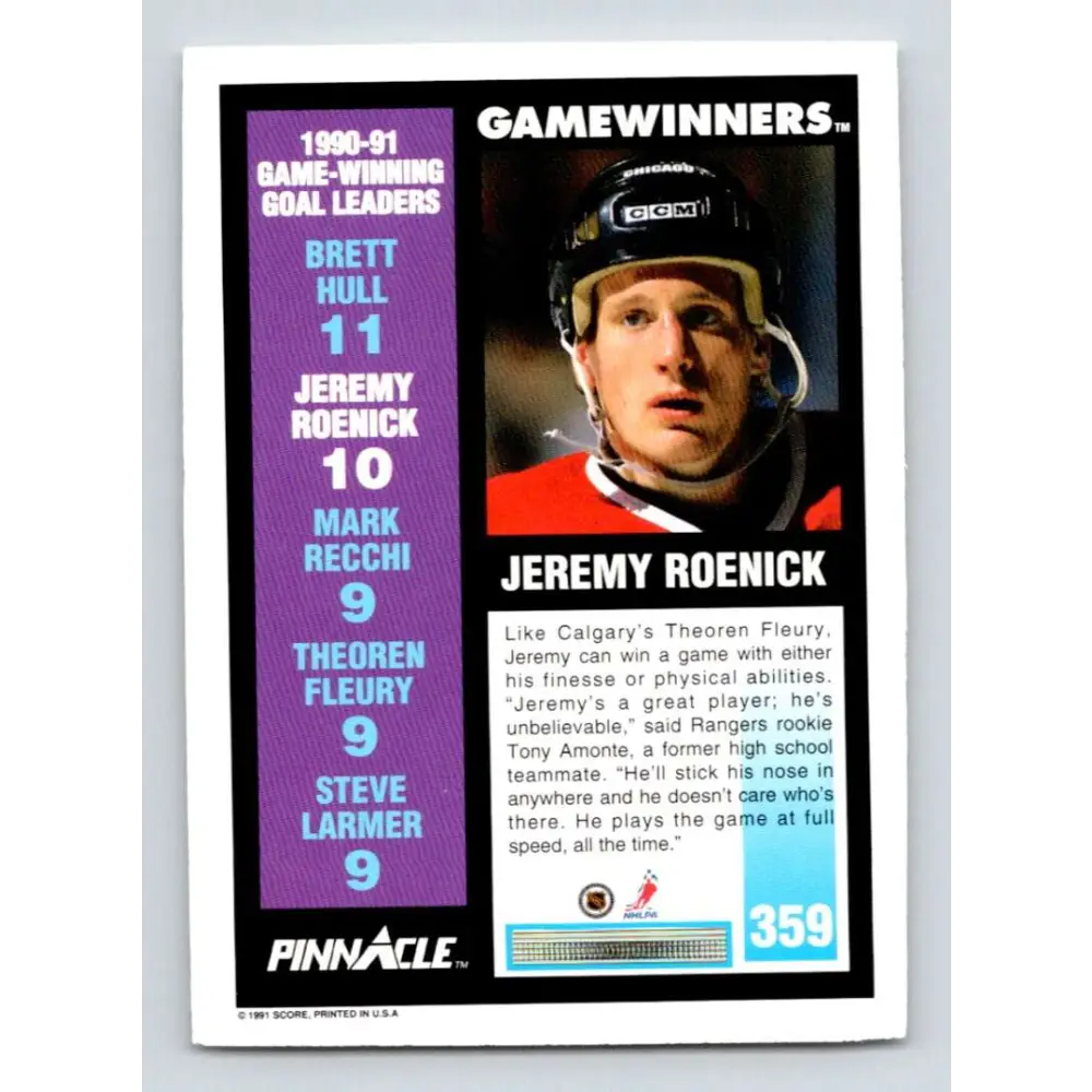 1991-92 Pinnacle #359 Jeremy Roenick NM-MT Chicago Blackhawks Hockey Card Image 2