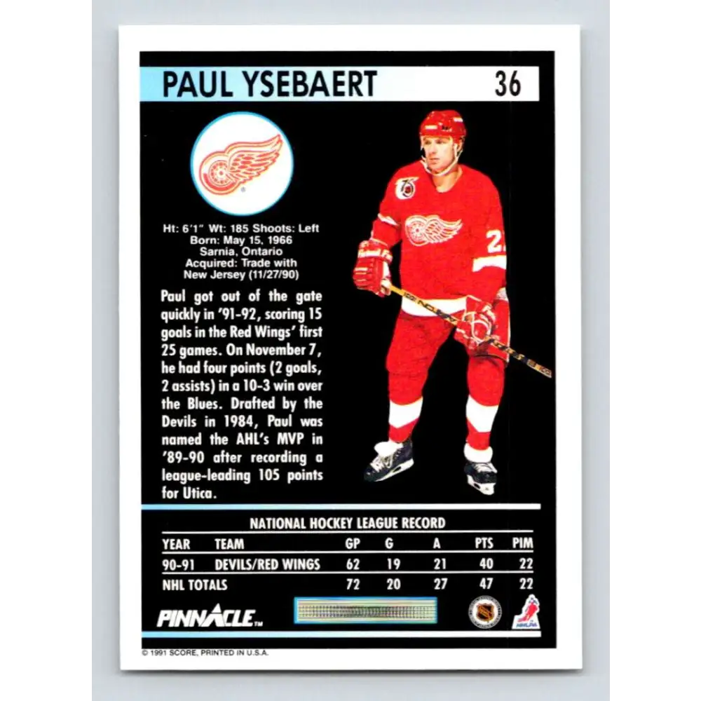 1991-92 Pinnacle #36 Paul Ysebaert NM-MT Detroit Red Wings Hockey Card Image 2