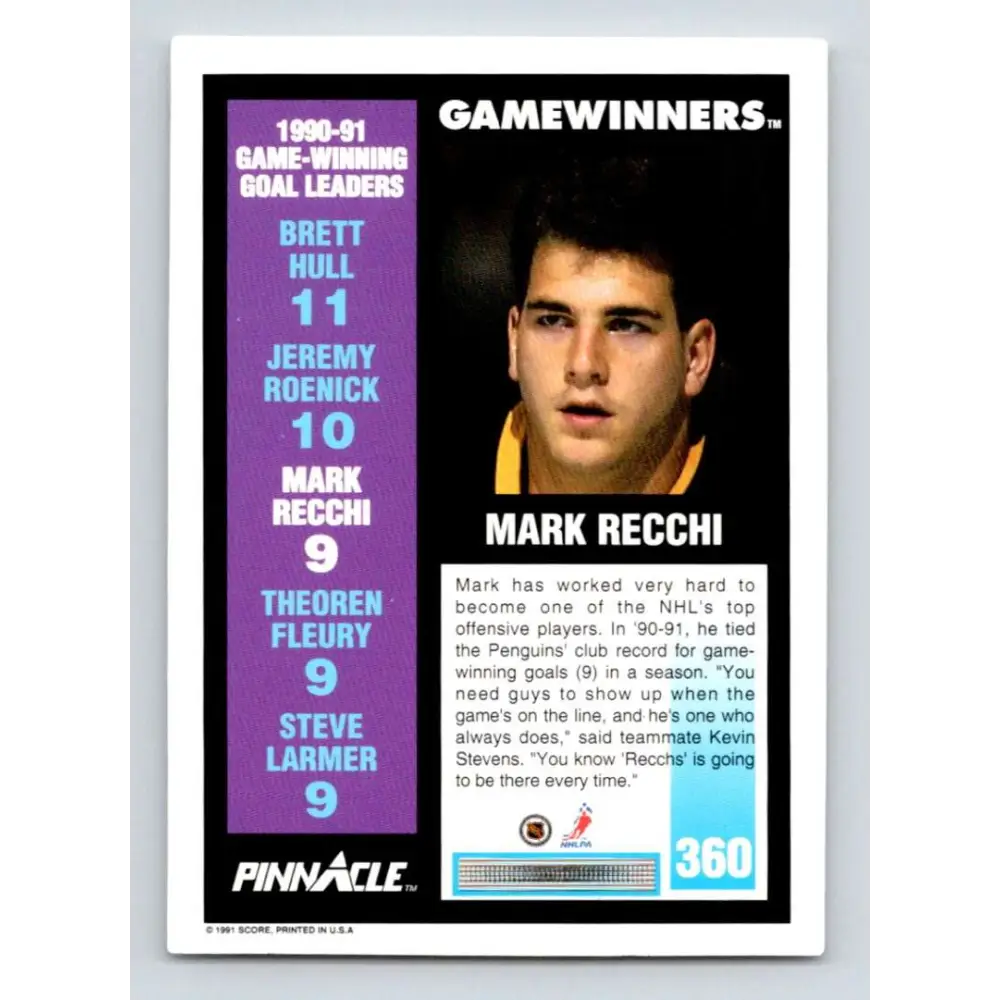 1991-92 Pinnacle #360 Mark Recchi NM-MT Pittsburgh Penguins Hockey Card Image 2