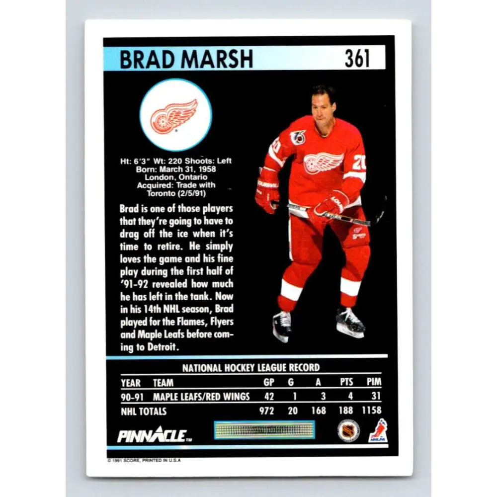 1991-92 Pinnacle #361 Brad Marsh NM-MT Detroit Red Wings Hockey Card Image 2