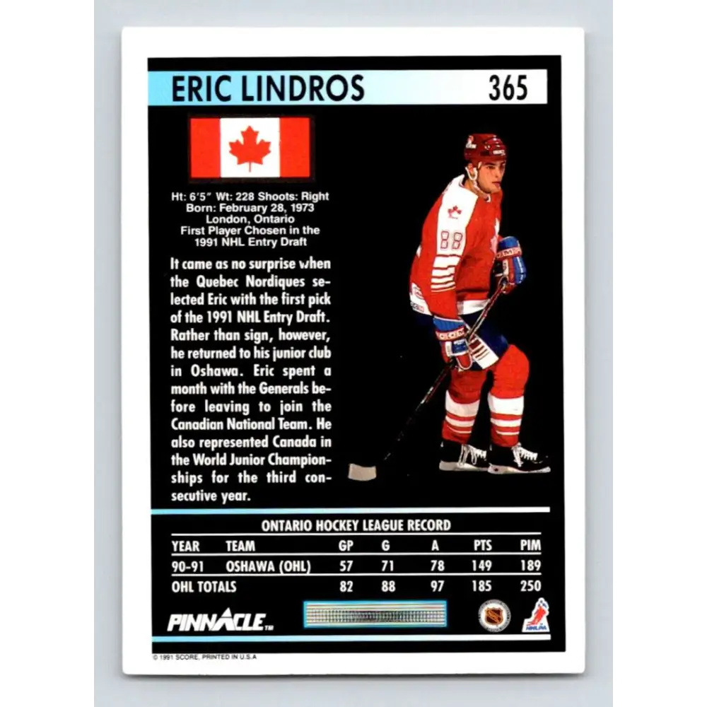 1991-92 Pinnacle #365 Eric Lindros NM-MT Hockey Card Image 2
