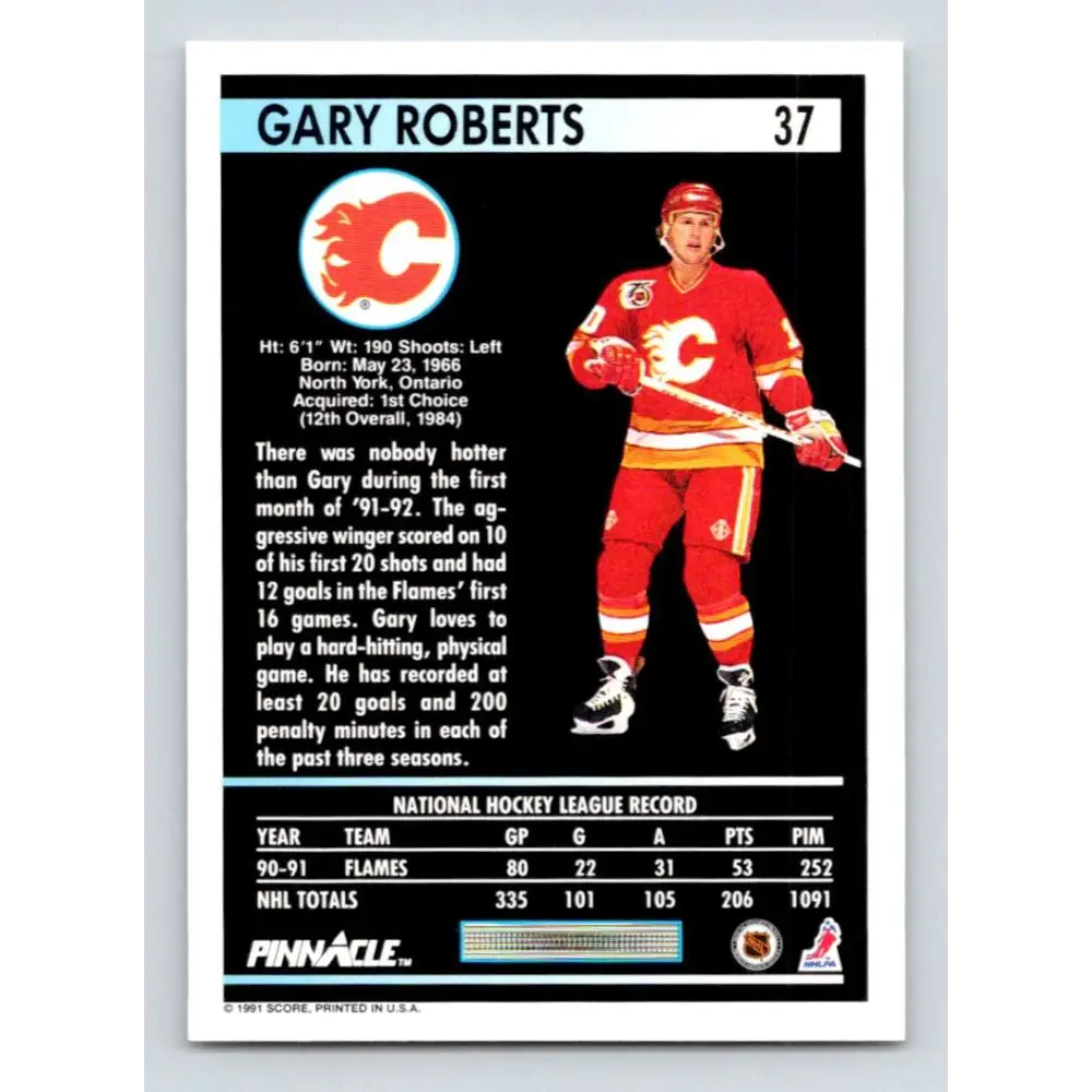 1991-92 Pinnacle #37 Gary Roberts NM-MT Calgary Flames Hockey Card Image 2