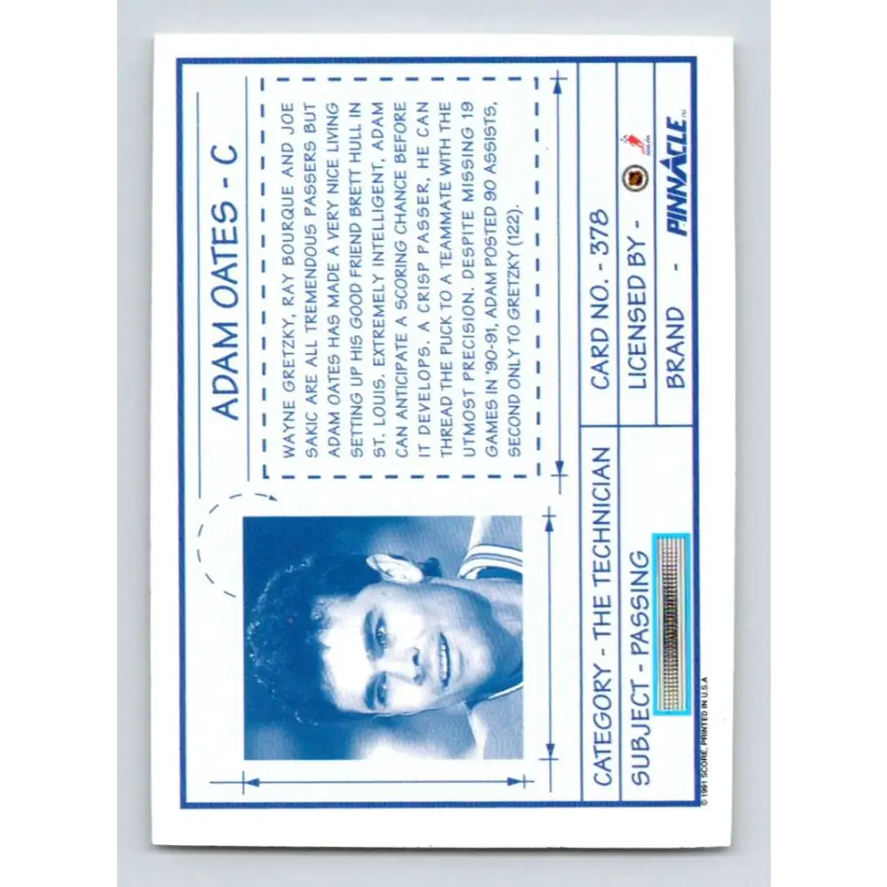 1991-92 Pinnacle #378 Adam Oates TECH NM-MT St. Louis Blues Hockey Card Image 2