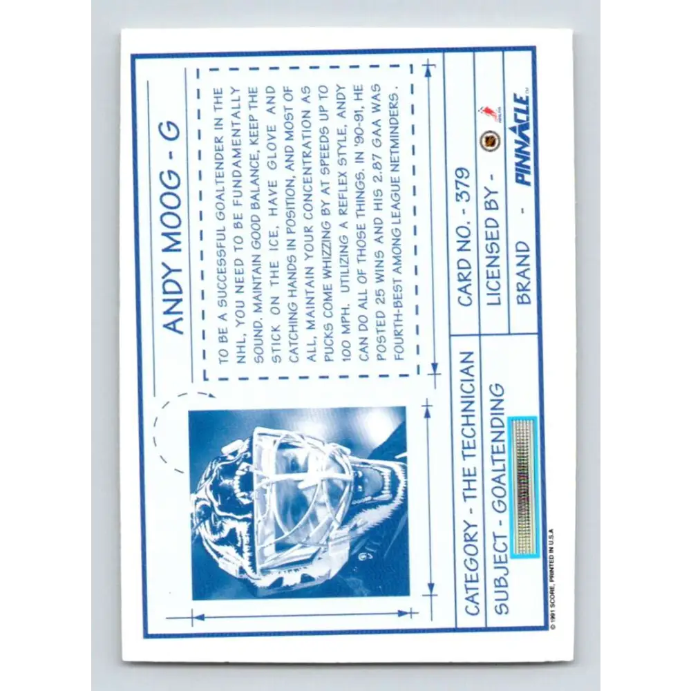 1991-92 Pinnacle #379 Andy Moog TECH NM-MT Boston Bruins Hockey Card Image 2