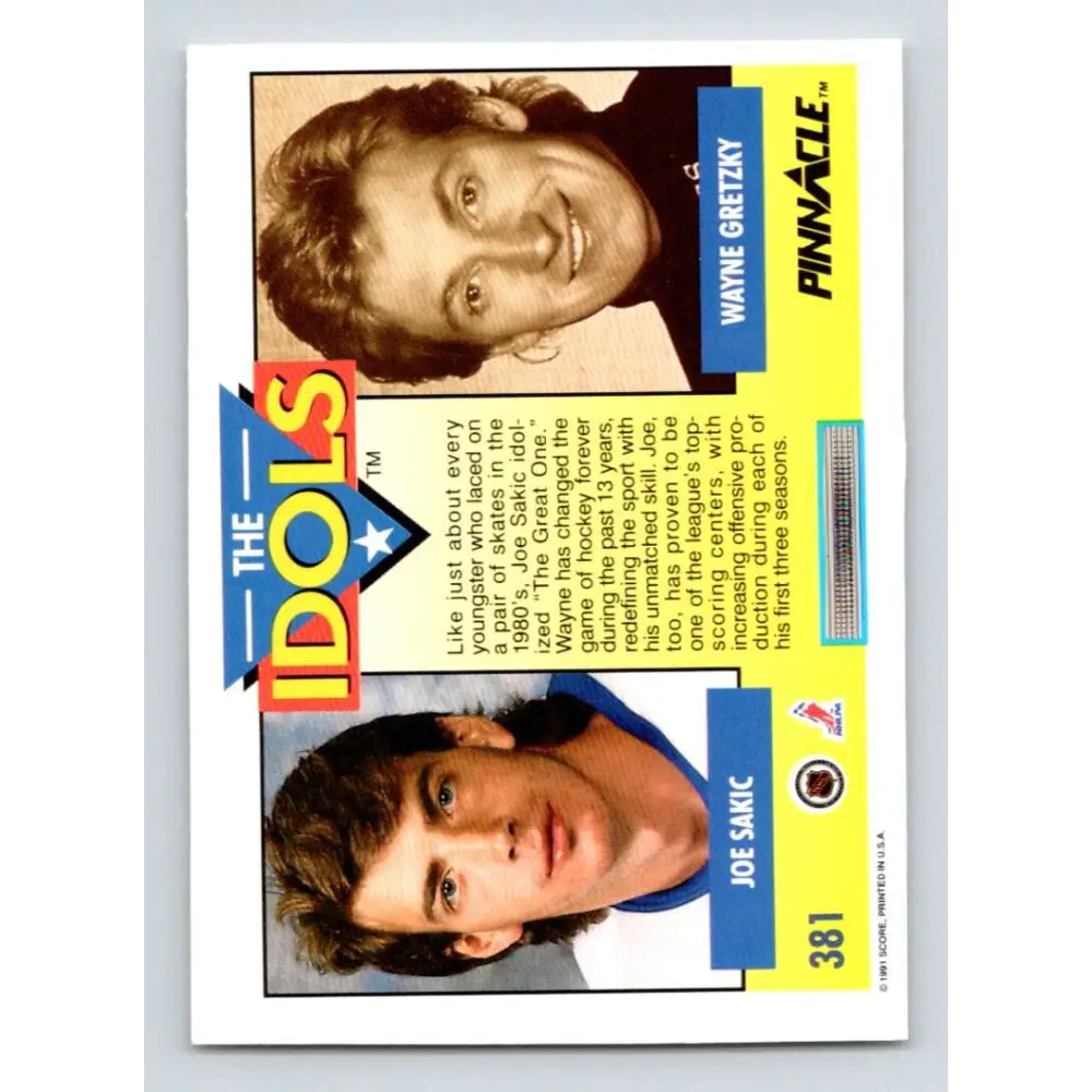 1991-92 Pinnacle #381 Joe Sakic/Wayne Gretzky NM-MT Quebec Nordiques Hockey Card Image 2