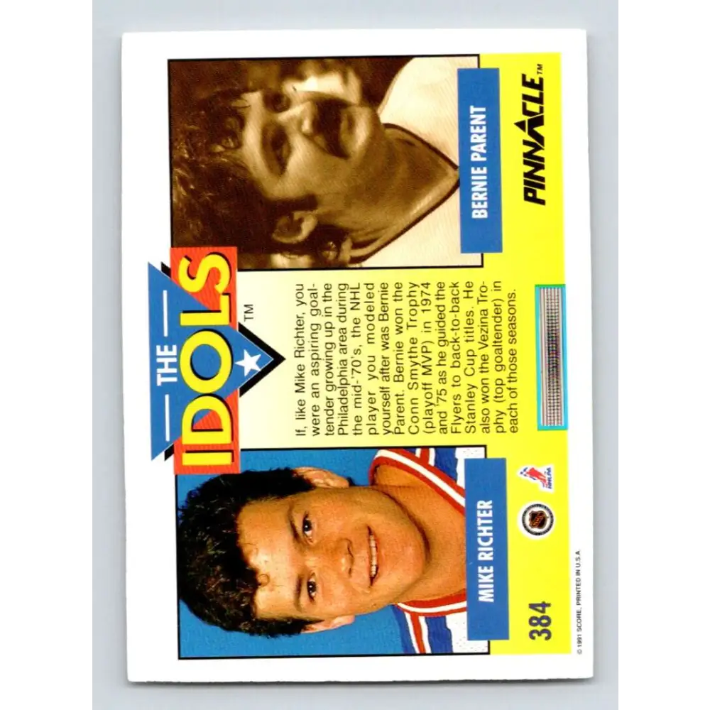 1991-92 Pinnacle #384 Mike Richter/Bernie Parent NM-MT New York Rangers Hockey Card Image 2