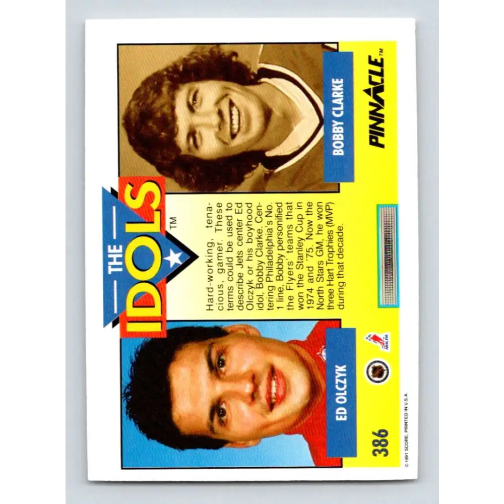 1991-92 Pinnacle #386 Ed Olczyk/Bobby Clarke NM-MT Winnipeg Jets Hockey Card Image 2