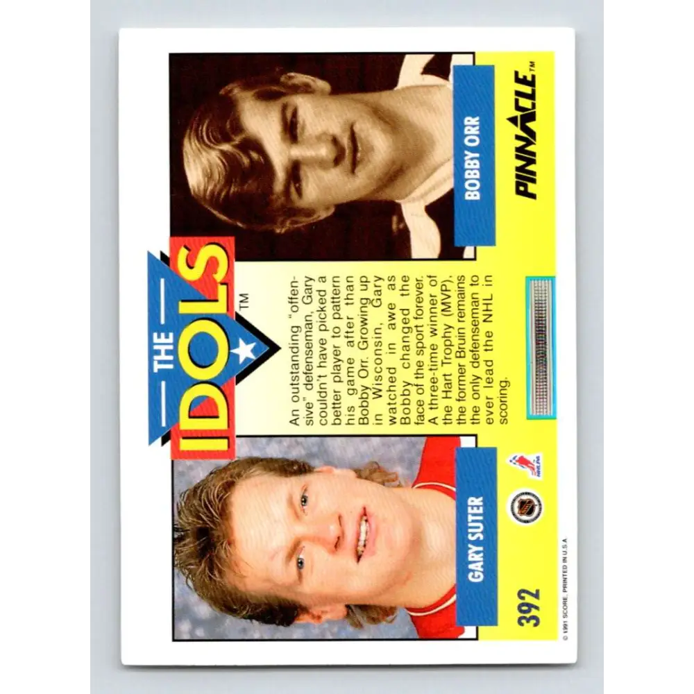 1991-92 Pinnacle #392 Gary Suter/Bobby Orr NM-MT Calgary Flames Hockey Card Image 2