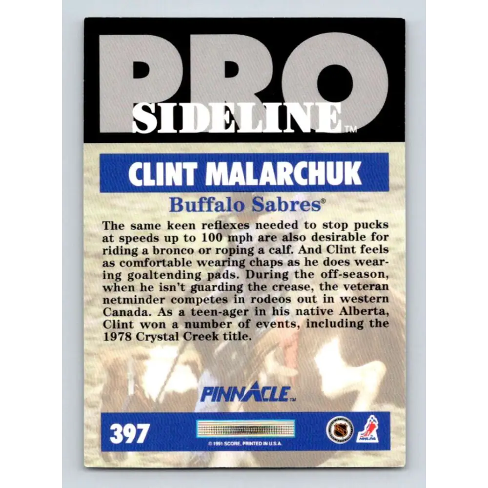 1991-92 Pinnacle #397 Clint Malarchuk SL NM-MT Buffalo Sabres Hockey Card Image 2