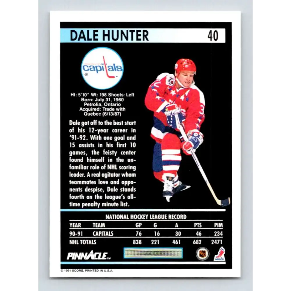 1991-92 Pinnacle #40 Dale Hunter NM-MT Washington Capitals Hockey Card Image 2