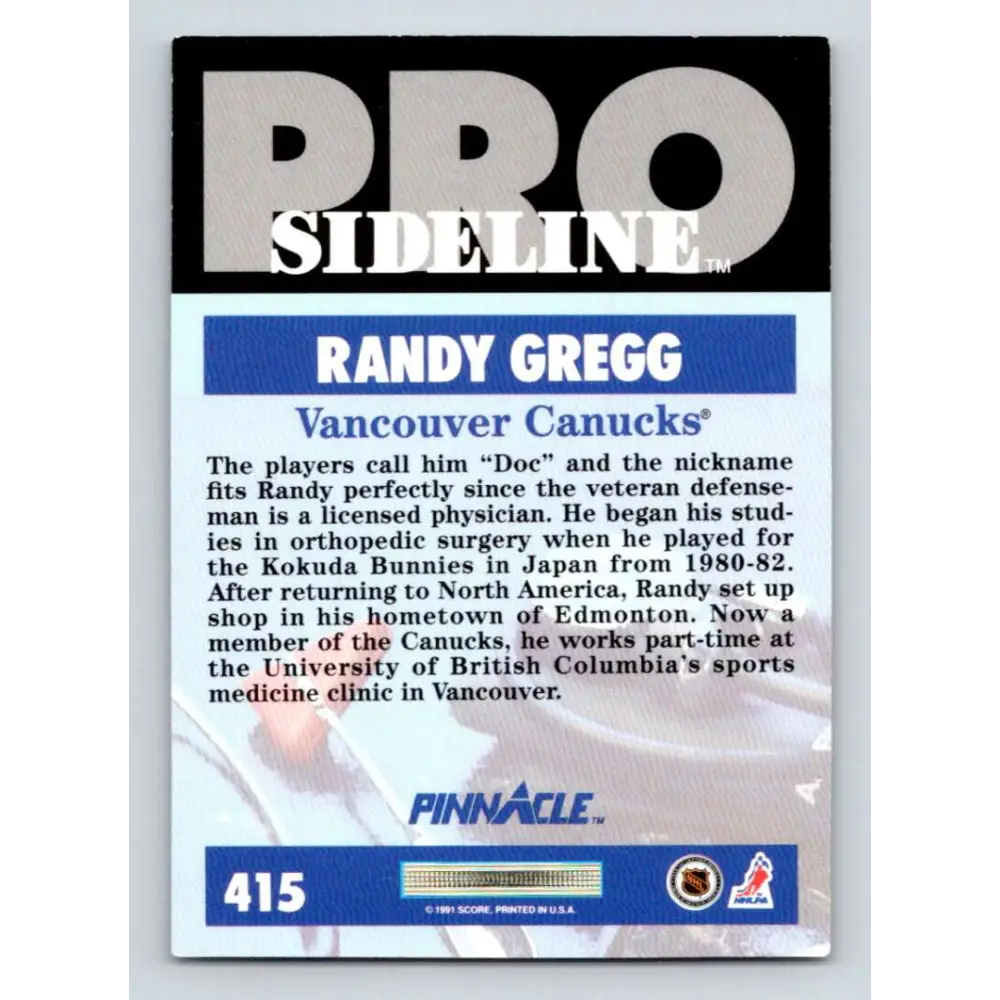 1991-92 Pinnacle #415 Randy Gregg SL NM-MT Vancouver Canucks Hockey Card Image 2