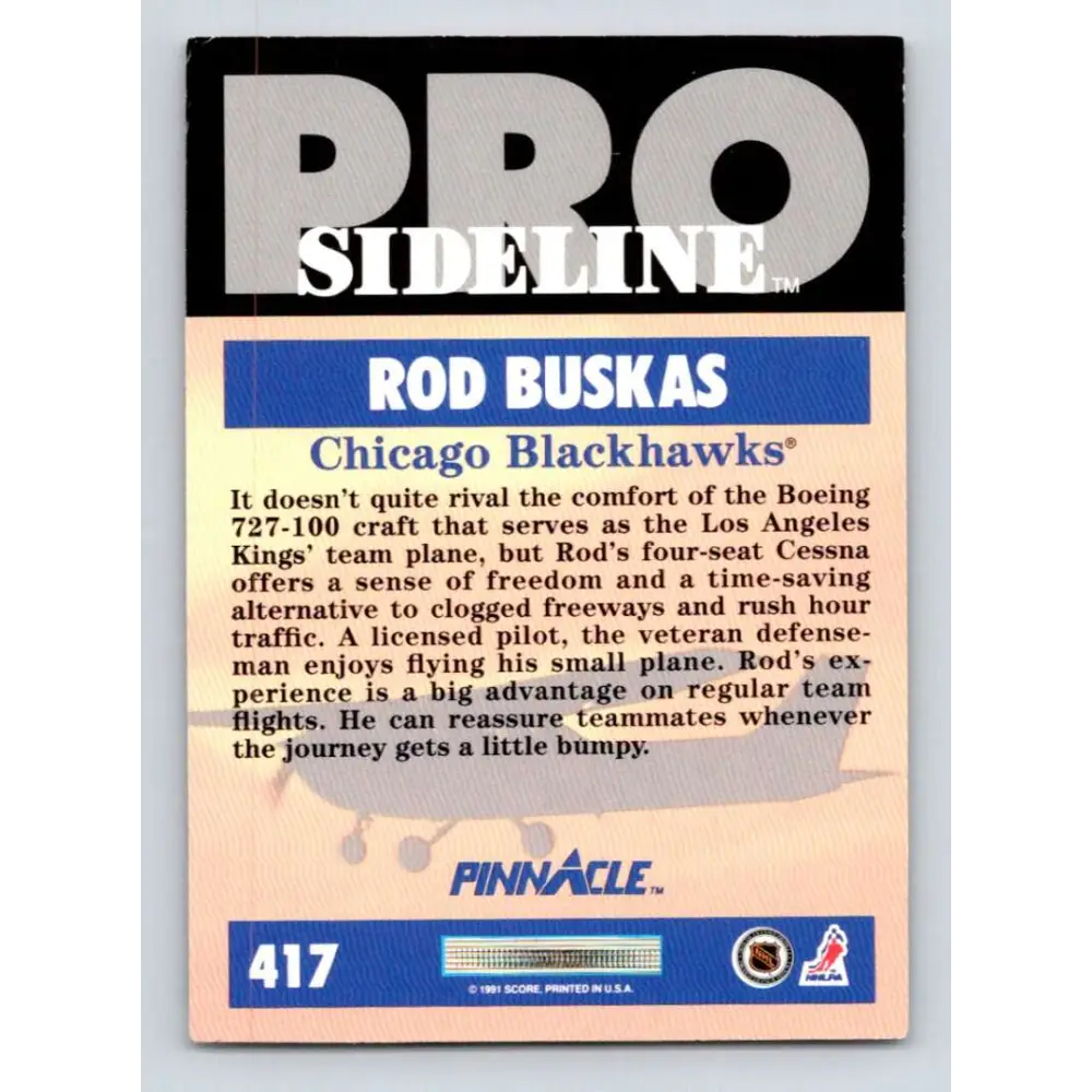 1991-92 Pinnacle #417 Rod Buskas SL NM-MT Chicago Blackhawks Hockey Card Image 2