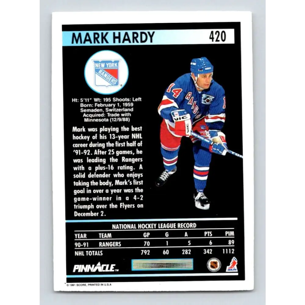 1991-92 Pinnacle #420 Mark Hardy NM-MT New York Rangers Hockey Card Image 2