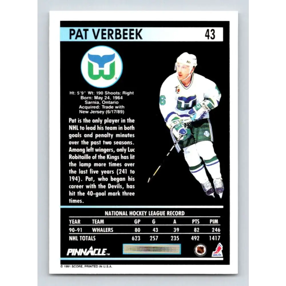 1991-92 Pinnacle #43 Pat Verbeek NM-MT Hartford Whalers Hockey Card Image 2