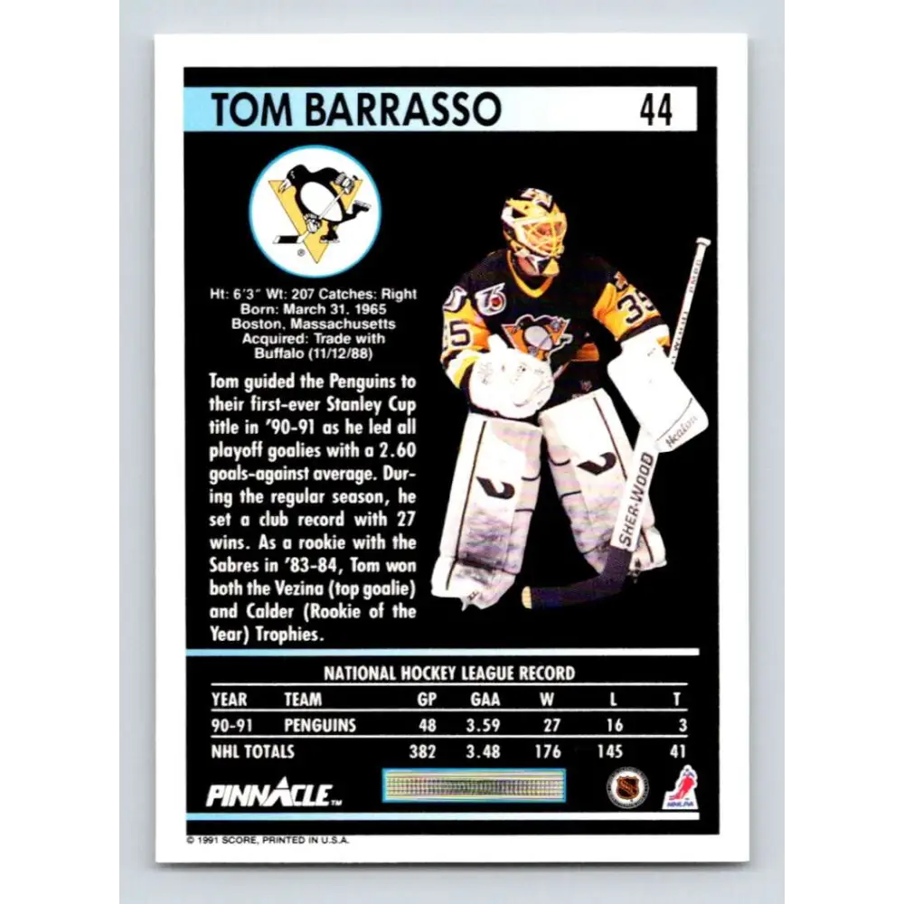 1991-92 Pinnacle #44 Tom Barrasso NM-MT Pittsburgh Penguins Hockey Card Image 2