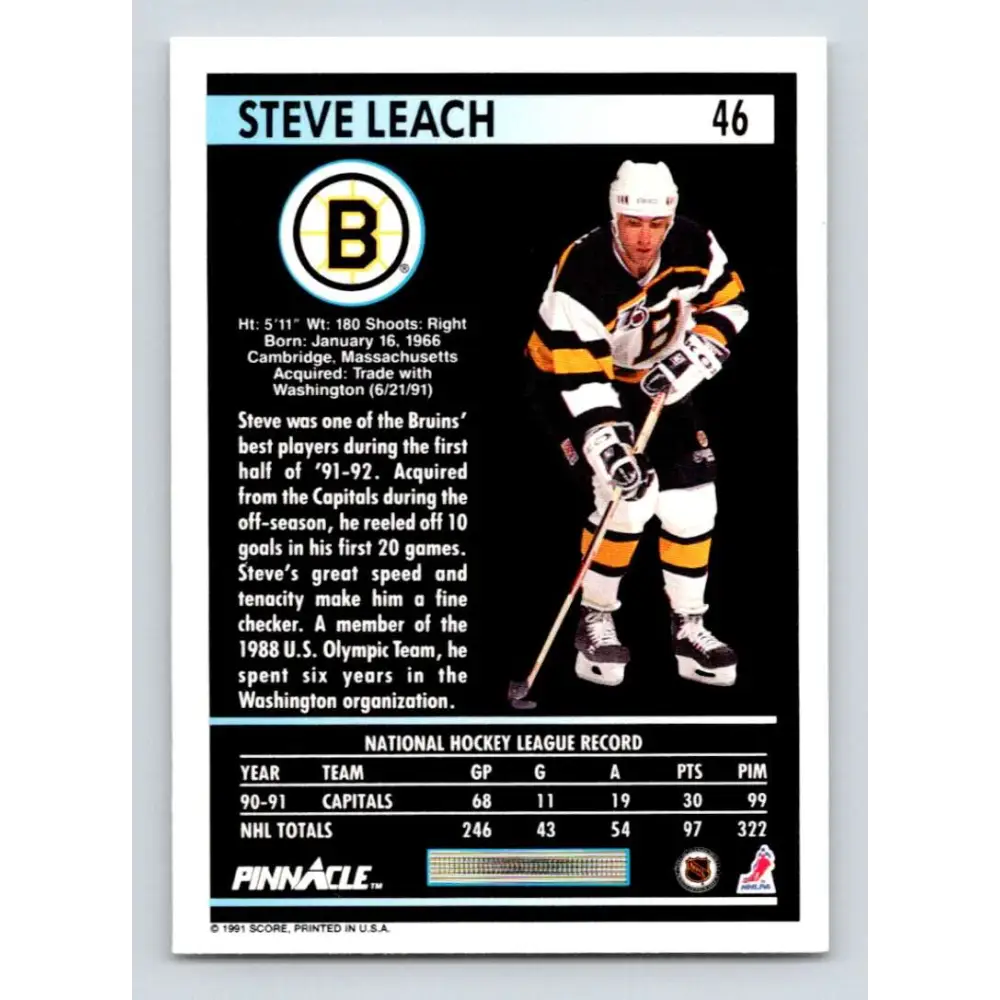 1991-92 Pinnacle #46 Stephen Leach NM-MT Boston Bruins Hockey Card Image 2