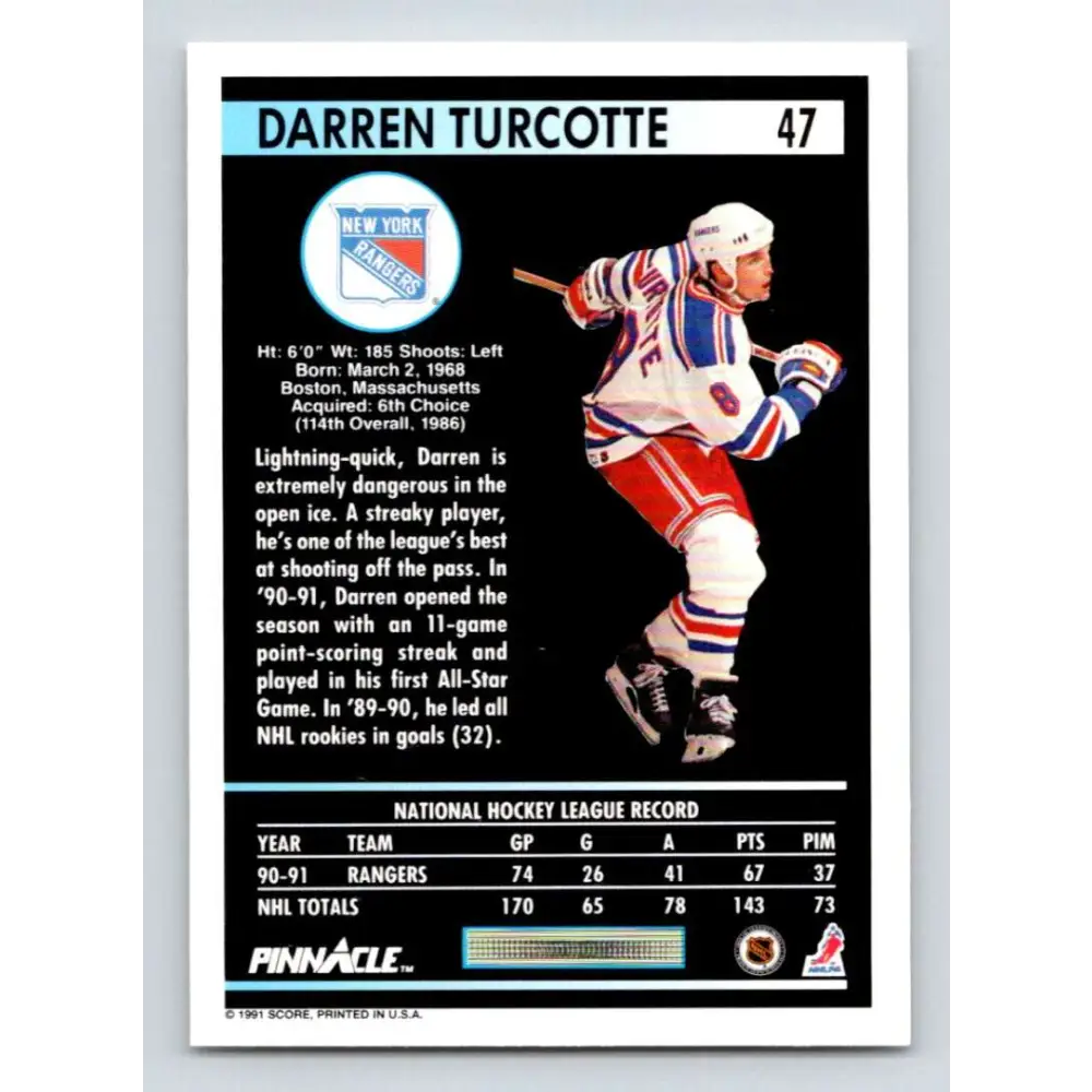 1991-92 Pinnacle #47 Darren Turcotte NM-MT New York Rangers Hockey Card Image 2