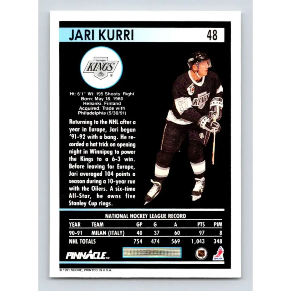 1991-92 Pinnacle #48 Jari Kurri NM-MT Los Angeles Kings Hockey Card Image 2