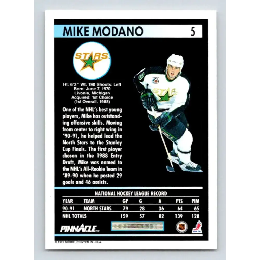 1991-92 Pinnacle #5 Mike Modano NM-MT Minnesota North Stars Hockey Card Image 2