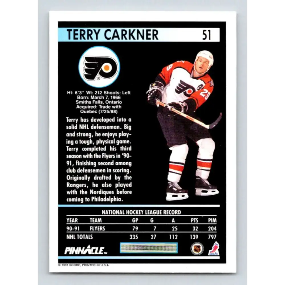 1991-92 Pinnacle #51 Terry Carkner NM-MT Philadelphia Flyers Hockey Card Image 2