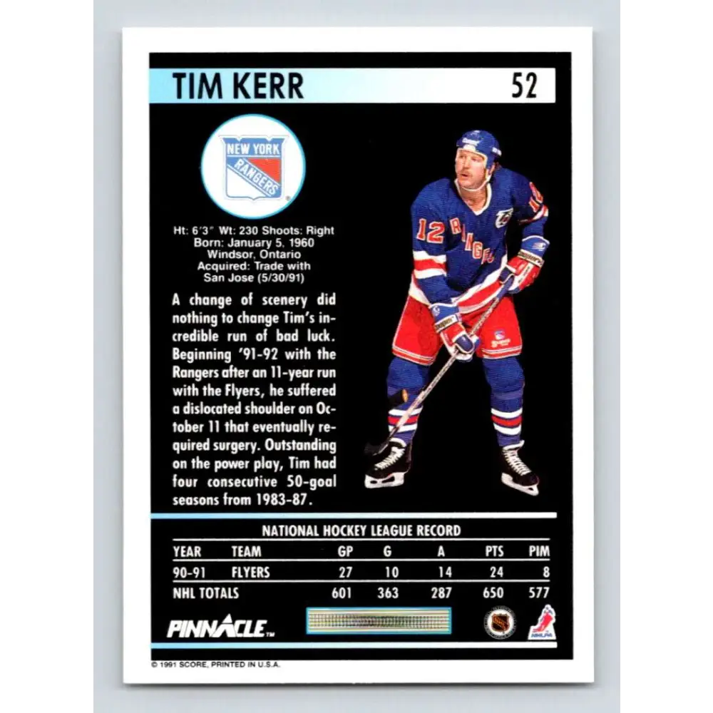 1991-92 Pinnacle #52 Tim Kerr NM-MT New York Rangers Hockey Card Image 2