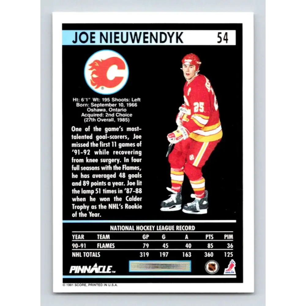 1991-92 Pinnacle #54 Joe Nieuwendyk NM-MT Calgary Flames Hockey Card Image 2