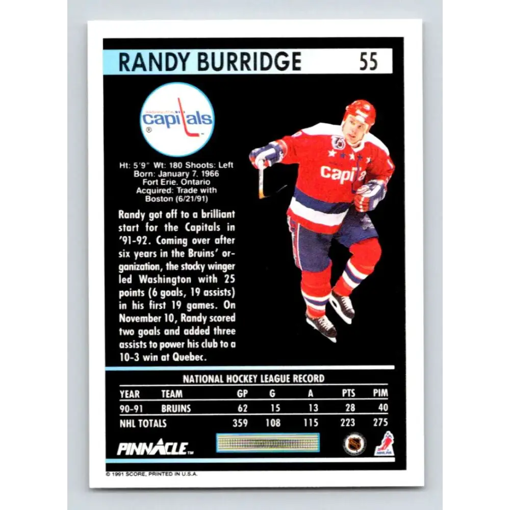 1991-92 Pinnacle #55 Randy Burridge NM-MT Washington Capitals Hockey Card Image 2