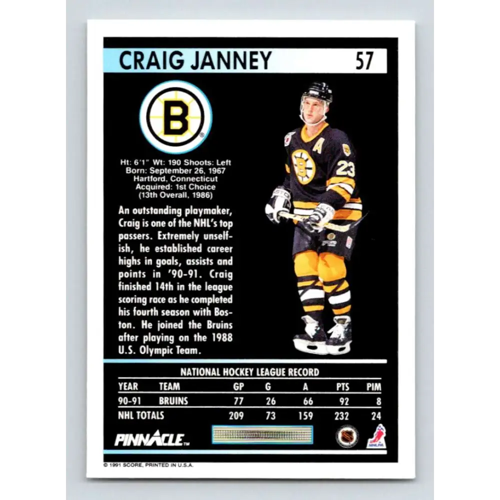 1991-92 Pinnacle #57 Craig Janney NM-MT Boston Bruins Hockey Card Image 2